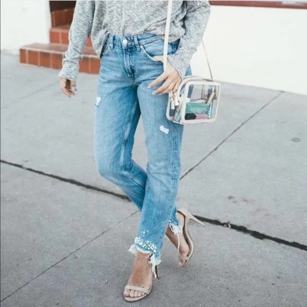 H & M | Pearl embellished Distressed Girlfriend Jeans